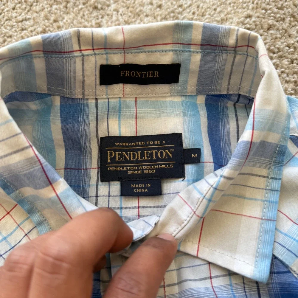 Pendleton Western Shirt Men Medium Blue Plaid Short Sleeve Pearl Snap Frontier
